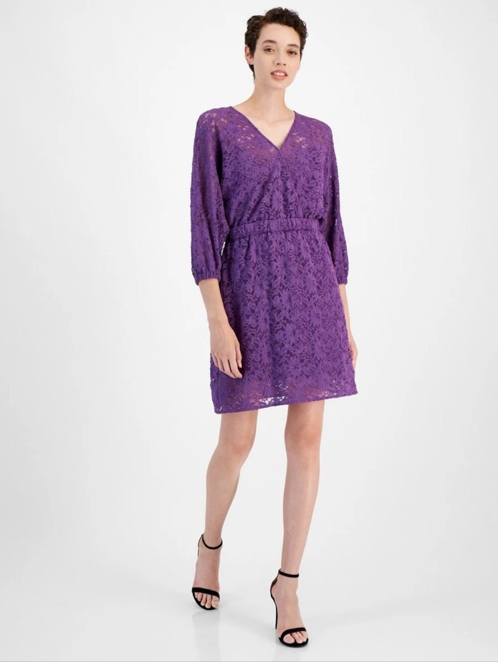 BOSS Desdemona Purple Lace Surplice Neck 3/4 Sleeve Mini Dress XXL NWT Purple 💜